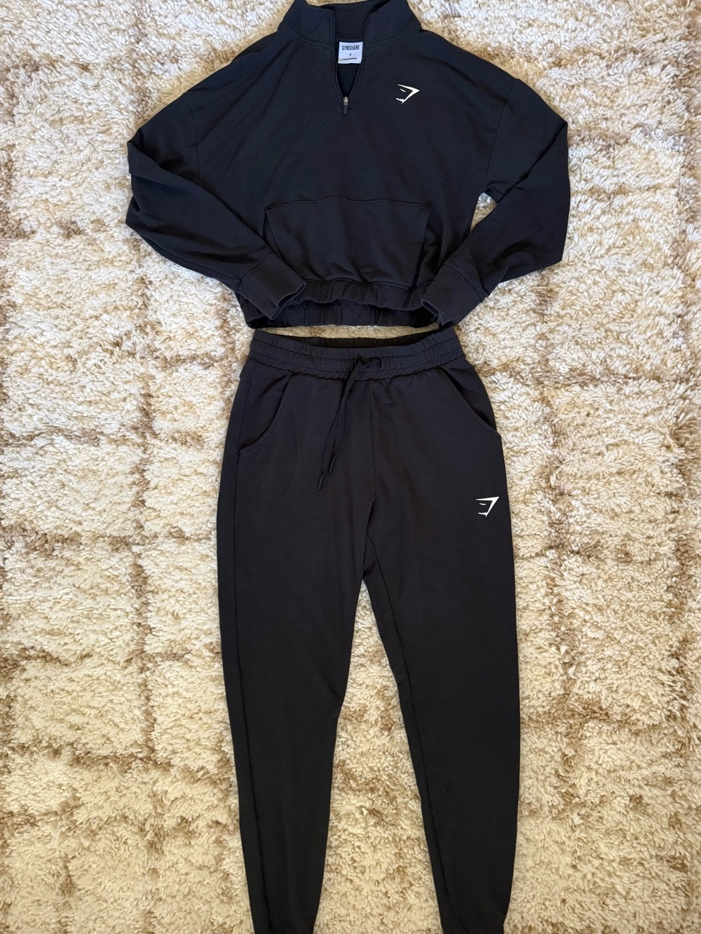 Gymshark Black Quarter Zip Crop Pullover & Jogger Set